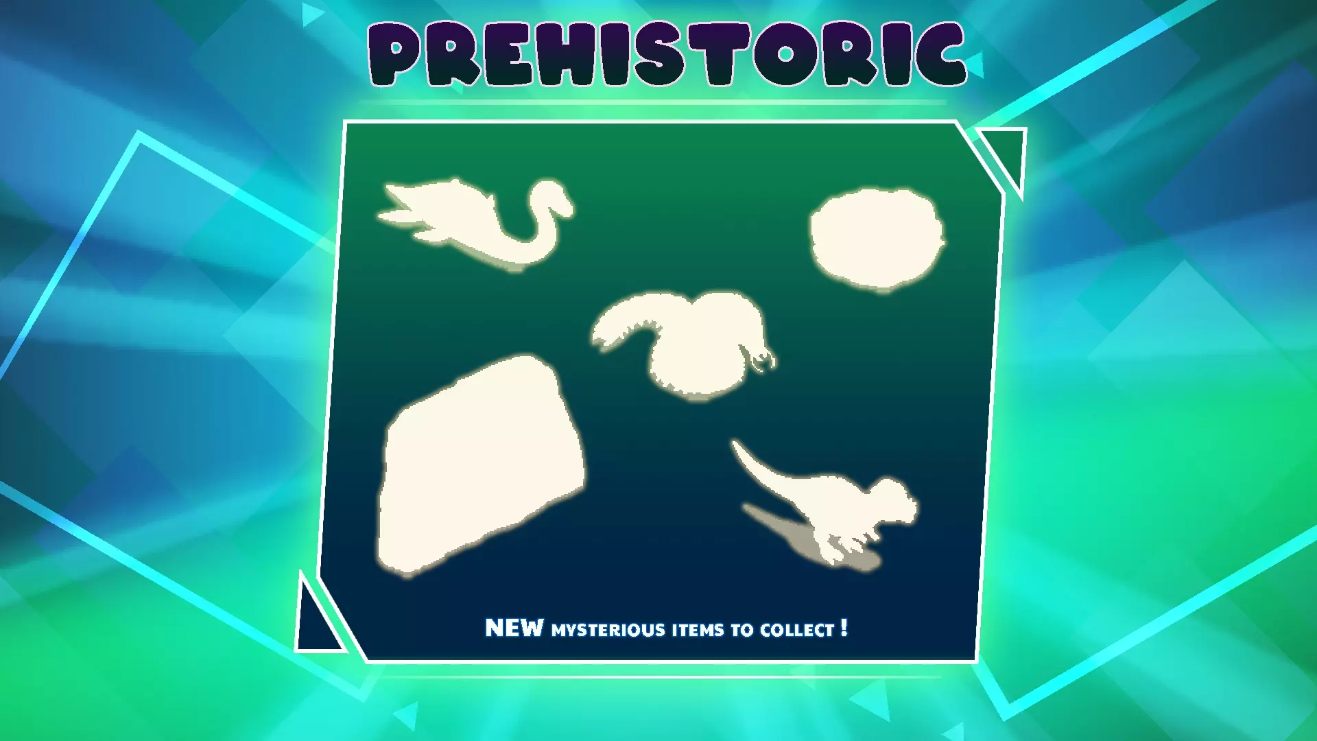 PewDiePie's Tuber Simulator Prehistory background featuring item silhouettes titled "PREHISTORY" with subtext "NEW MYSTERIOUS ITEMS TO COLLECT!"