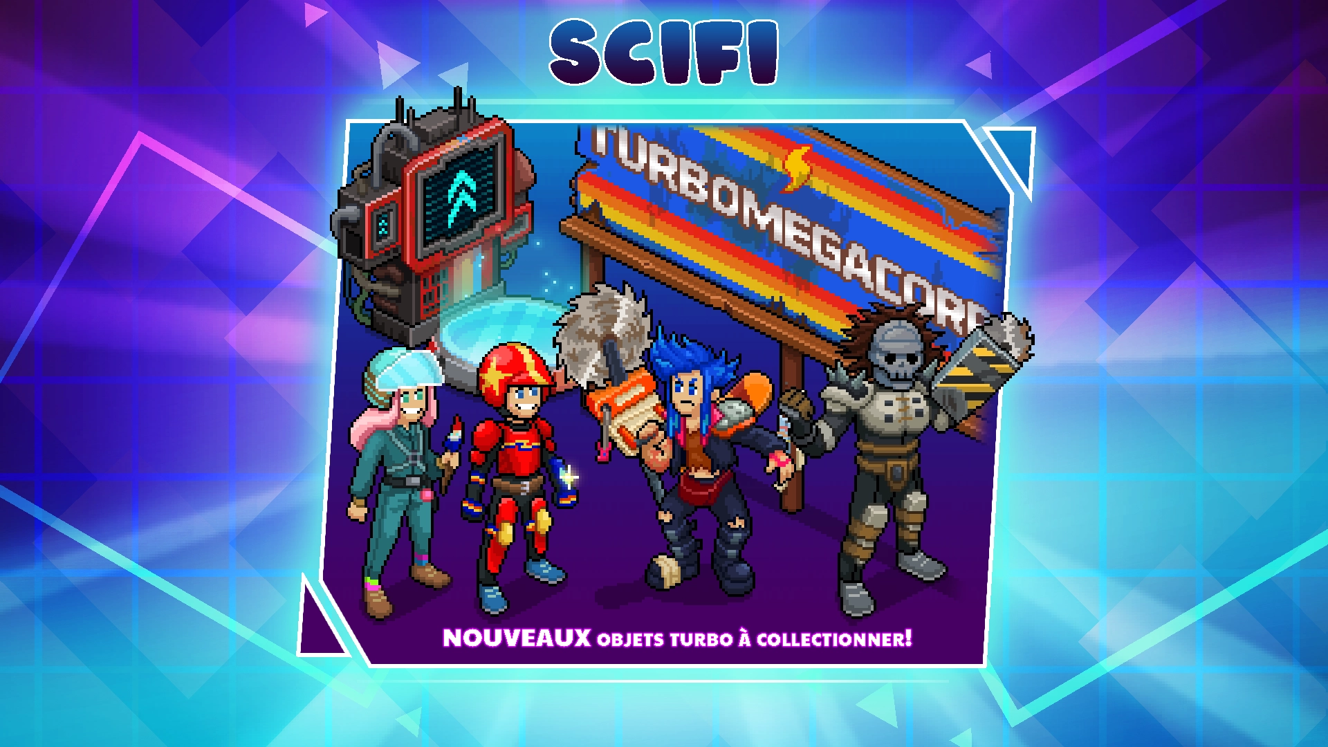 The image shows the new items added to the Pewdiepie’s Tuber Simulator SciFi x Turbo Kid Update: Teleport Pod, Apple, Becca, Skeletron, Turbo Kid, and Turbomega Corp. Billboard.